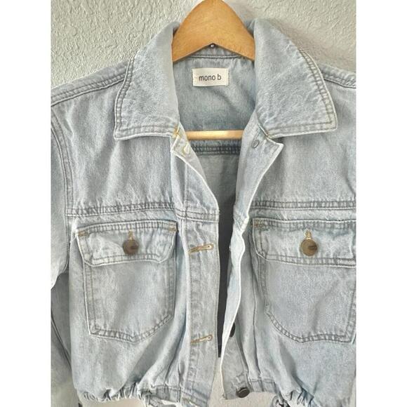Mono B Women's Light-wash Denim Cropped Jean Jacket Pockets Drawstring Hem Small - Picture 2 of 14